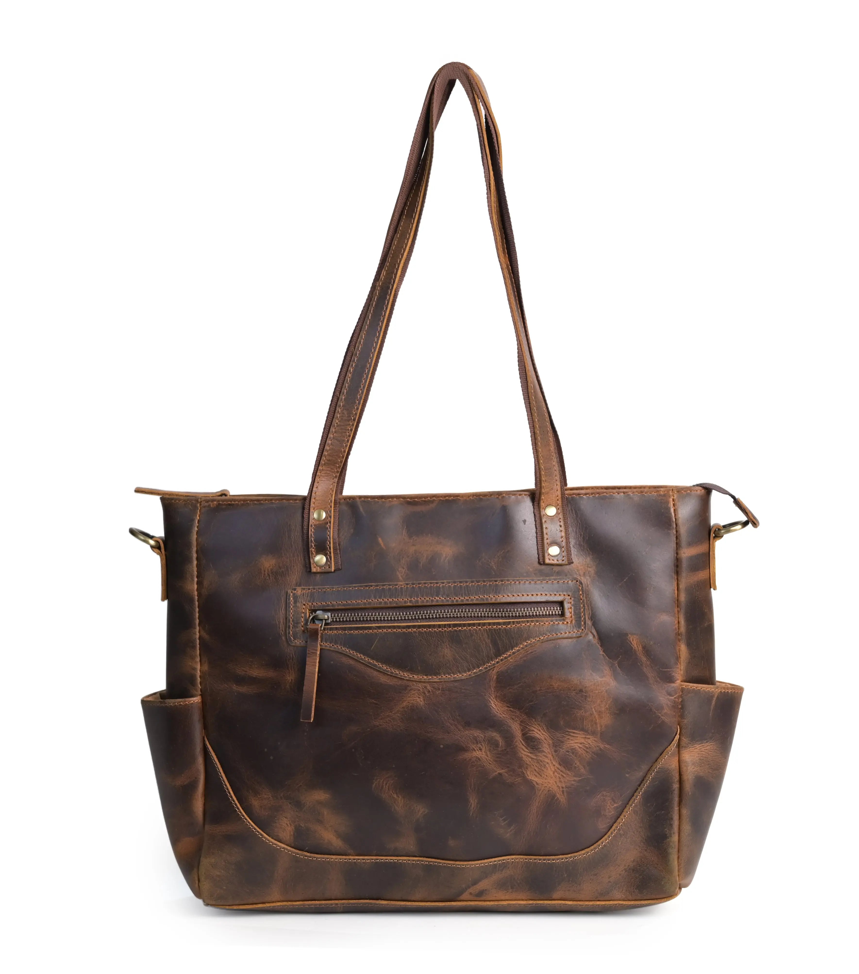 Women’s Vintage dark tan Leather Tote Bag - abitoamerica